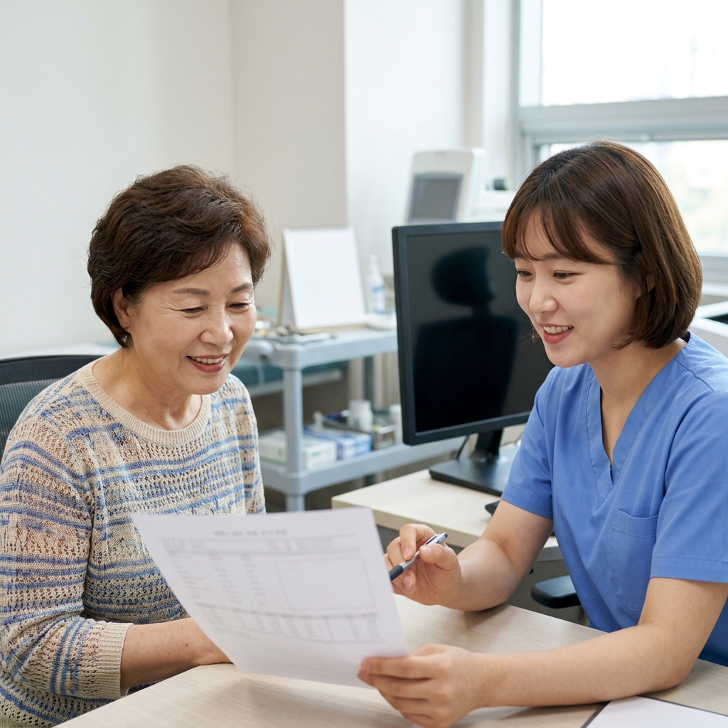 70대 어르신이 밝은 진료실에서 의료진과 혈당 수치 결과를 확인하며 대화하는 모습