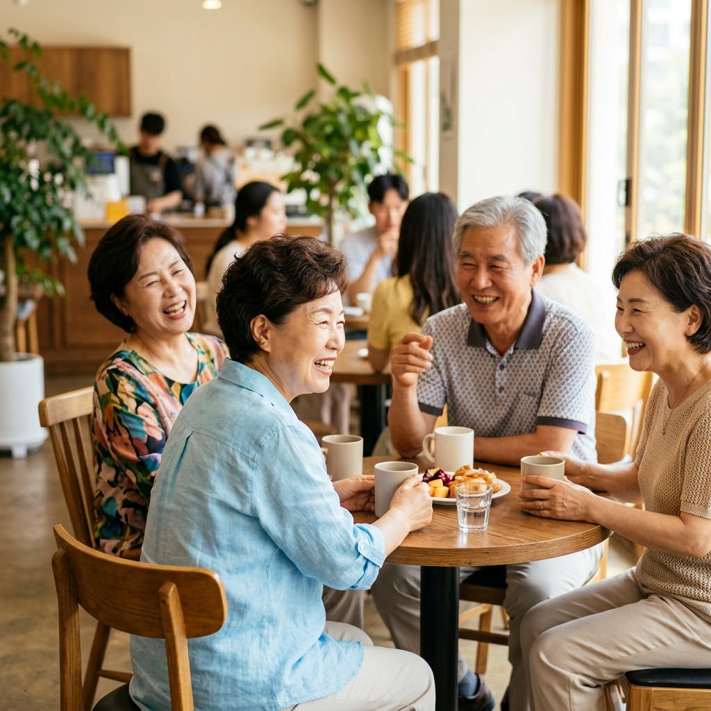 한국인 시니어가 친구들과 함께 밝은 카페에서 대화하며 웃고 있는 모습, 여름용 밝은 색 셔츠, 자연스러운 조명