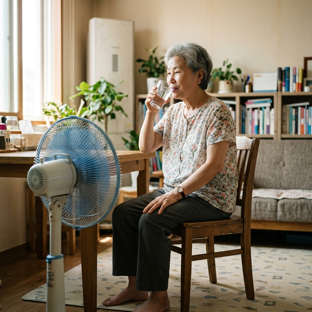 실내 거실에서 선풍기 앞에 앉아 물잔을 들고 있는 한국인 노년 여성, 여름용 가벼운 블라우스 착용, 자연광, 차분한 분위기