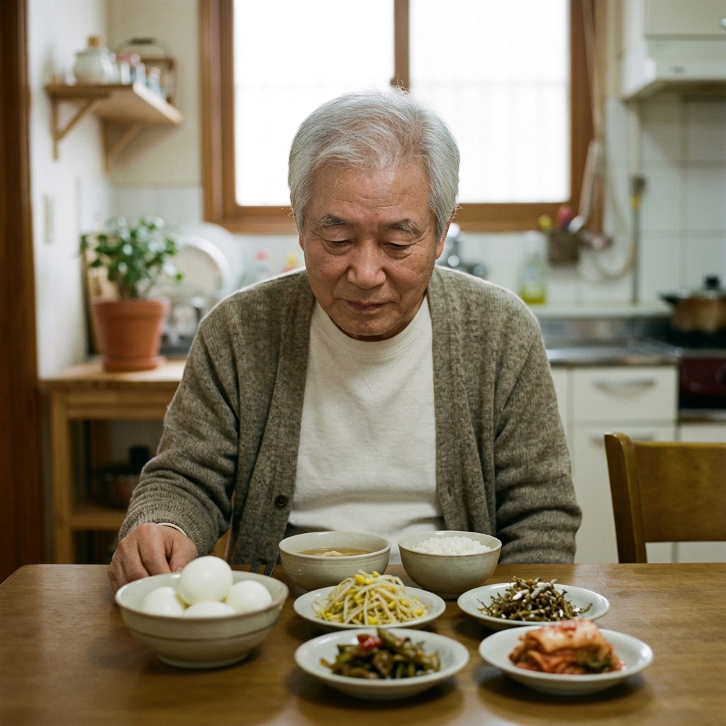 식탁에 놓인 삶은 달걀과 반찬을 바라보는 70대 한국인 어르신