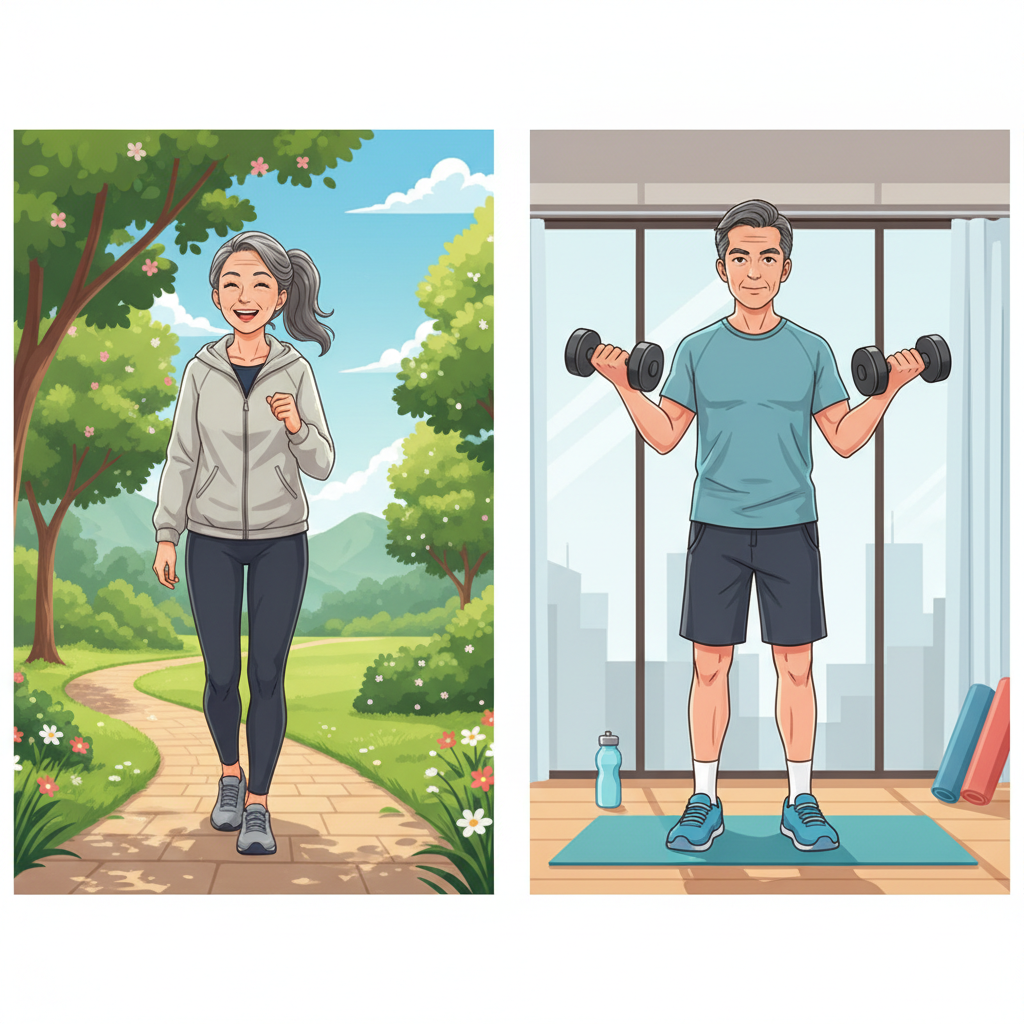 공원 산책로를 걷는 중년 여성과 실내에서 아령을 들고 운동하는 중년 남성이 나란히 보이는 장면