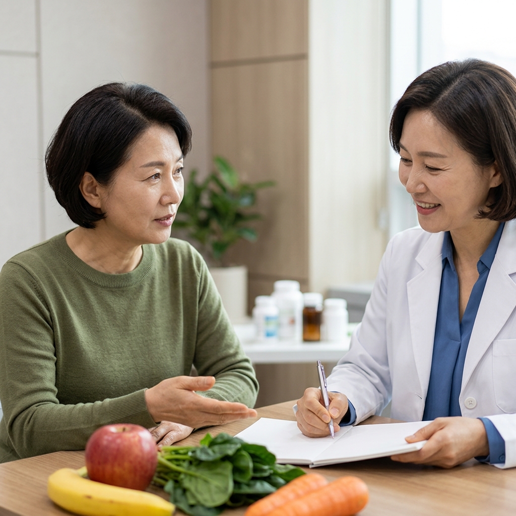 병원 진료실에서 영양사와 식단 상담 중인 환자