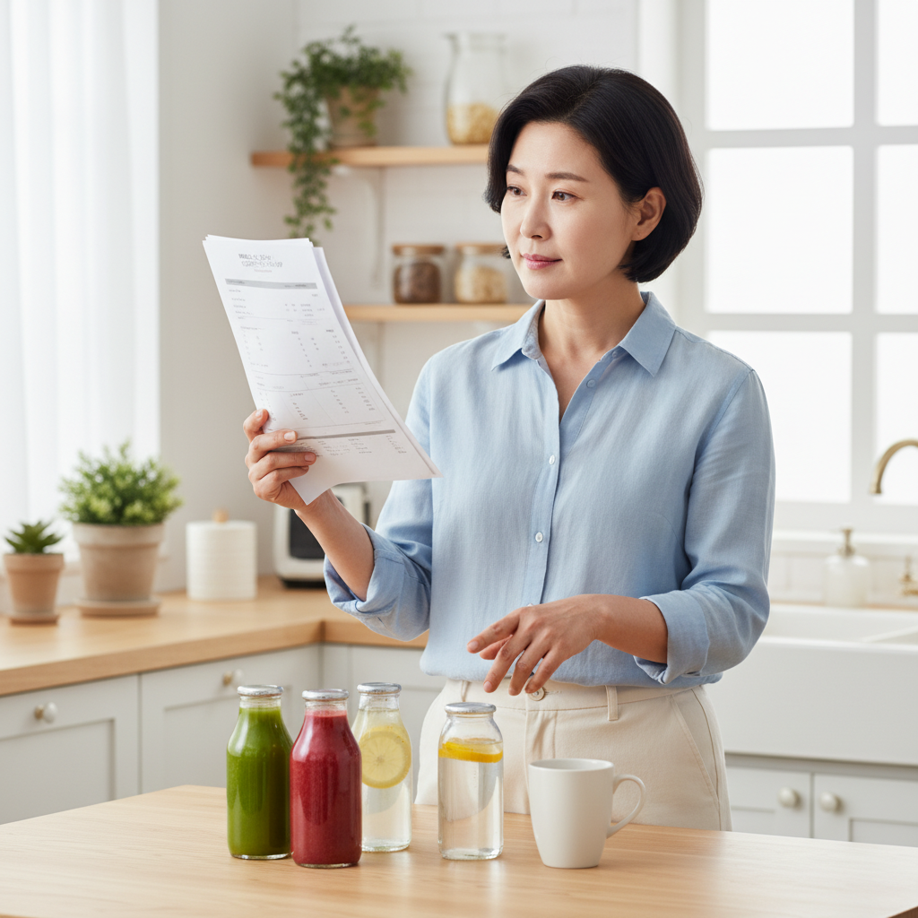 건강검진 결과지를 보며 음료를 선택하는 한국인 중년 여성의 모습, 주방 배경