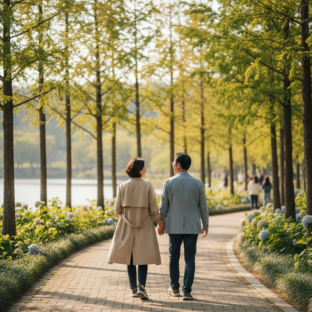 공원 산책로를 편안하게 걷는 한국인 중년 부부의 뒷모습, 자연광 아래 여유로운 걸음