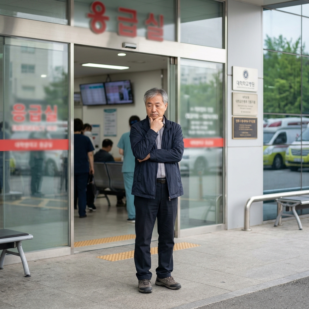 응급실 입구 앞에서 고민하는 중년 남성의 모습