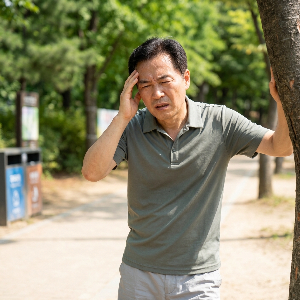 여름 야외에서 뜨거운 햇빛 아래 어지러워하는 한국인 중년 남성