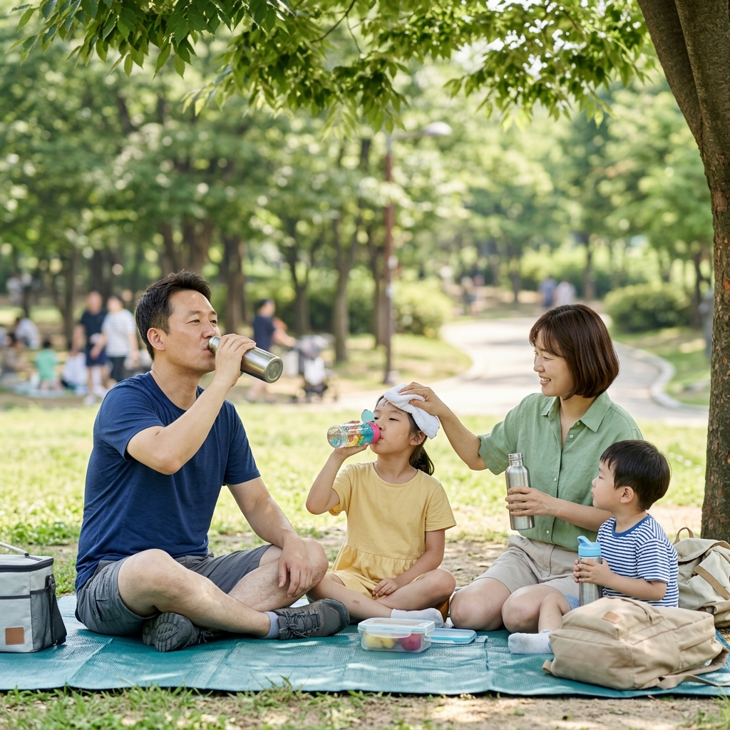 여름 야외 그늘에서 물을 마시며 휴식하는 한국인 가족