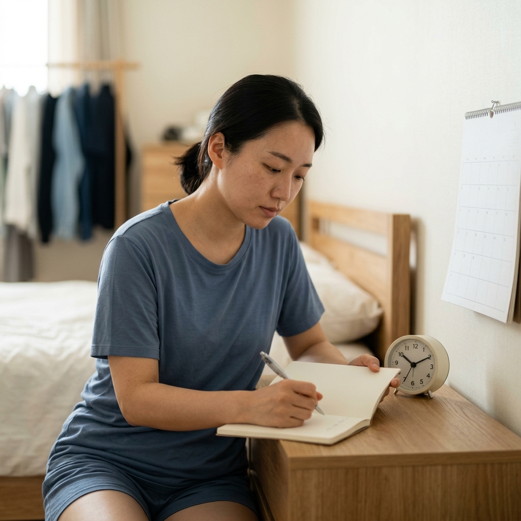 시계와 달력을 보며 수면 시간을 기록하는 모습