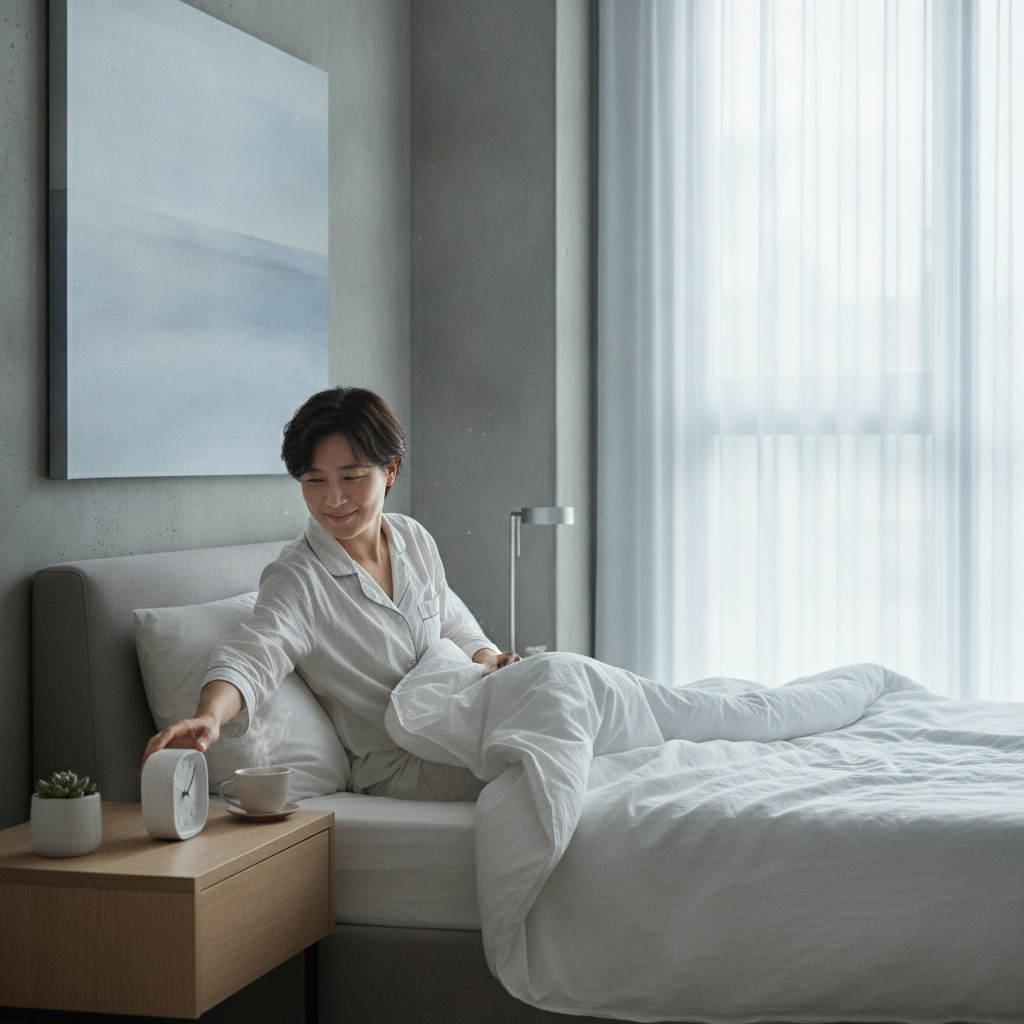 침대에서 알람시계를 끄며 상쾌하게 일어나는 한국인 성인의 아침 풍경