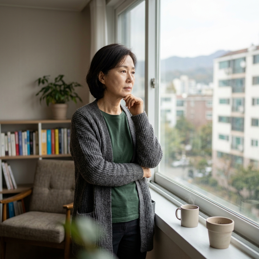 혼자 사는 중년 여성이 창가에서 생각에 잠긴 모습