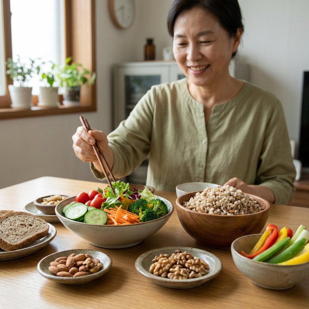 저염 식단 재료인 신선한 채소와 통곡물이 담긴 식탁