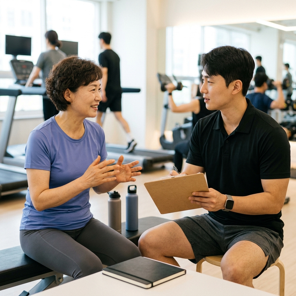 트레이너와 상담 중인 한국인 중장년 여성