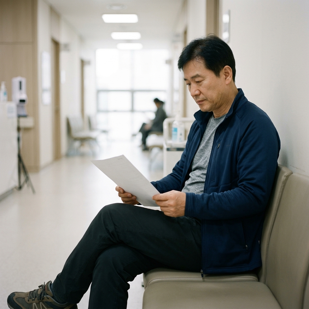 병원 검진실 앞 복도에서 결과지 들고 앉아 있는 50대 중년 남성