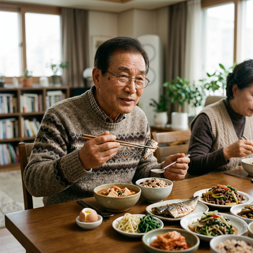 가정집 식탁에서 단백질 반찬 담긴 식사 차려진 모습과 앉아 있는 70대 노인