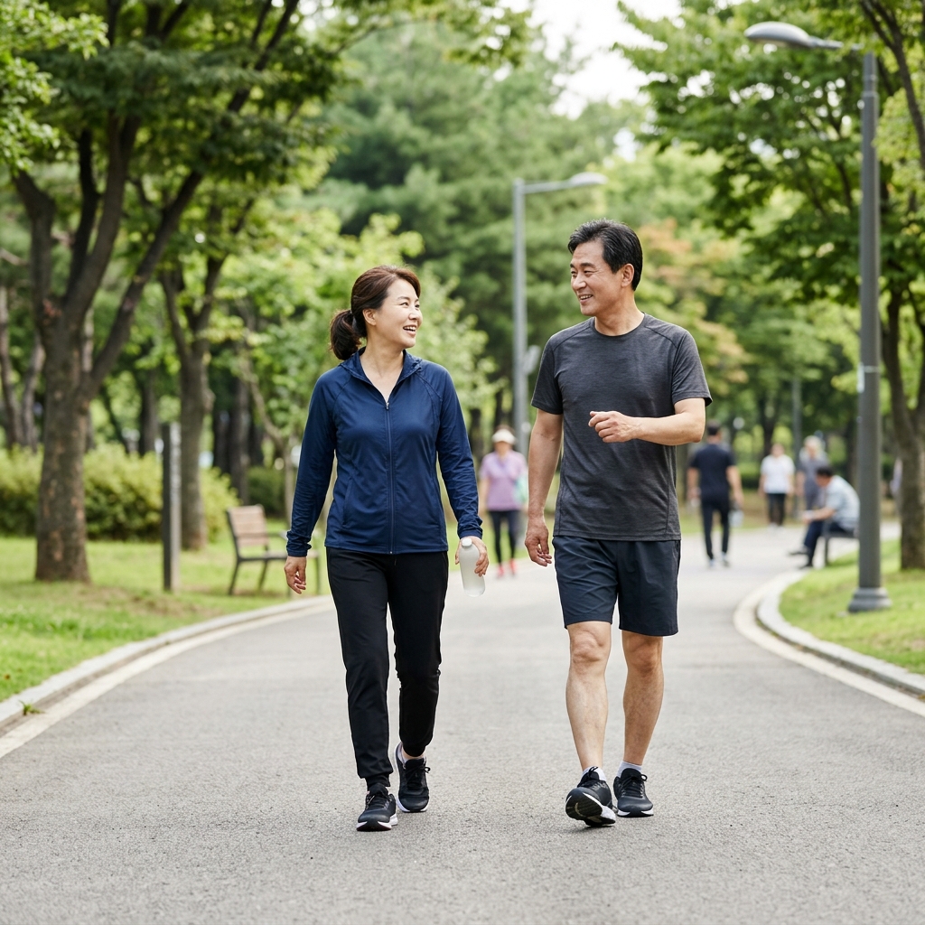 공원에서 가볍게 걷는 중장년 한국인의 모습
