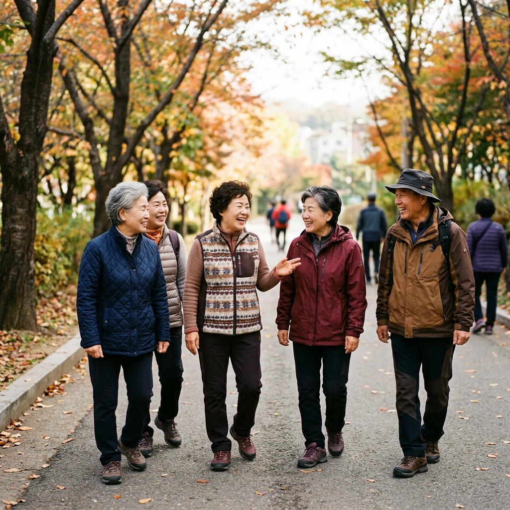 친구들과 대화하는 한국인 중장년층의 모습