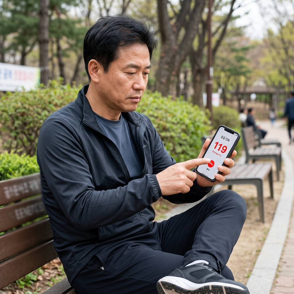 응급 전화 거는 손과 119 화면 보이는 스마트폰