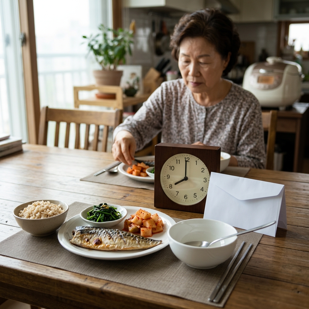 식탁 위 시계와 식사 접시, 약봉투가 함께 놓인 장면