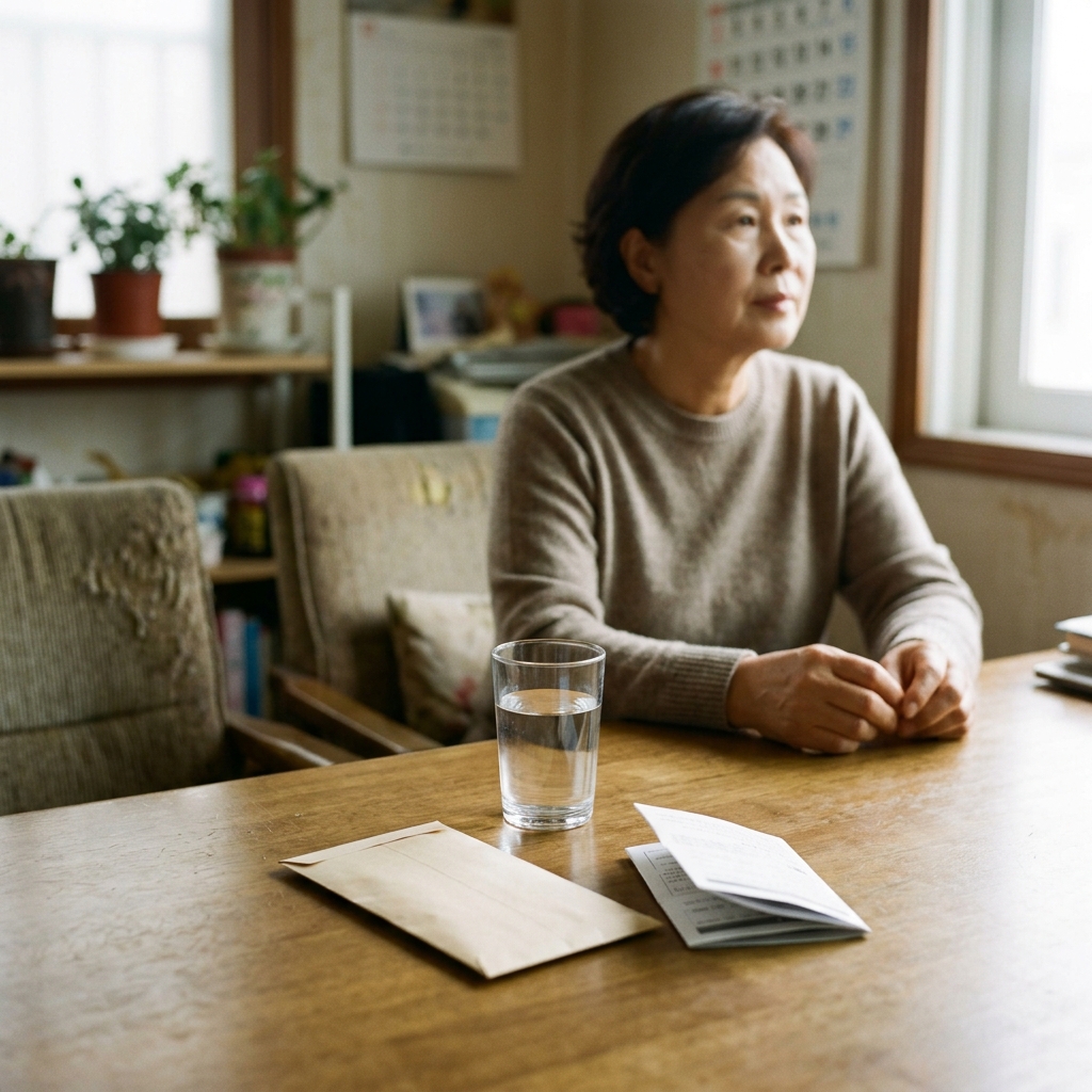 물 한 컵과 약봉투, 복약설명서가 놓인 테이블