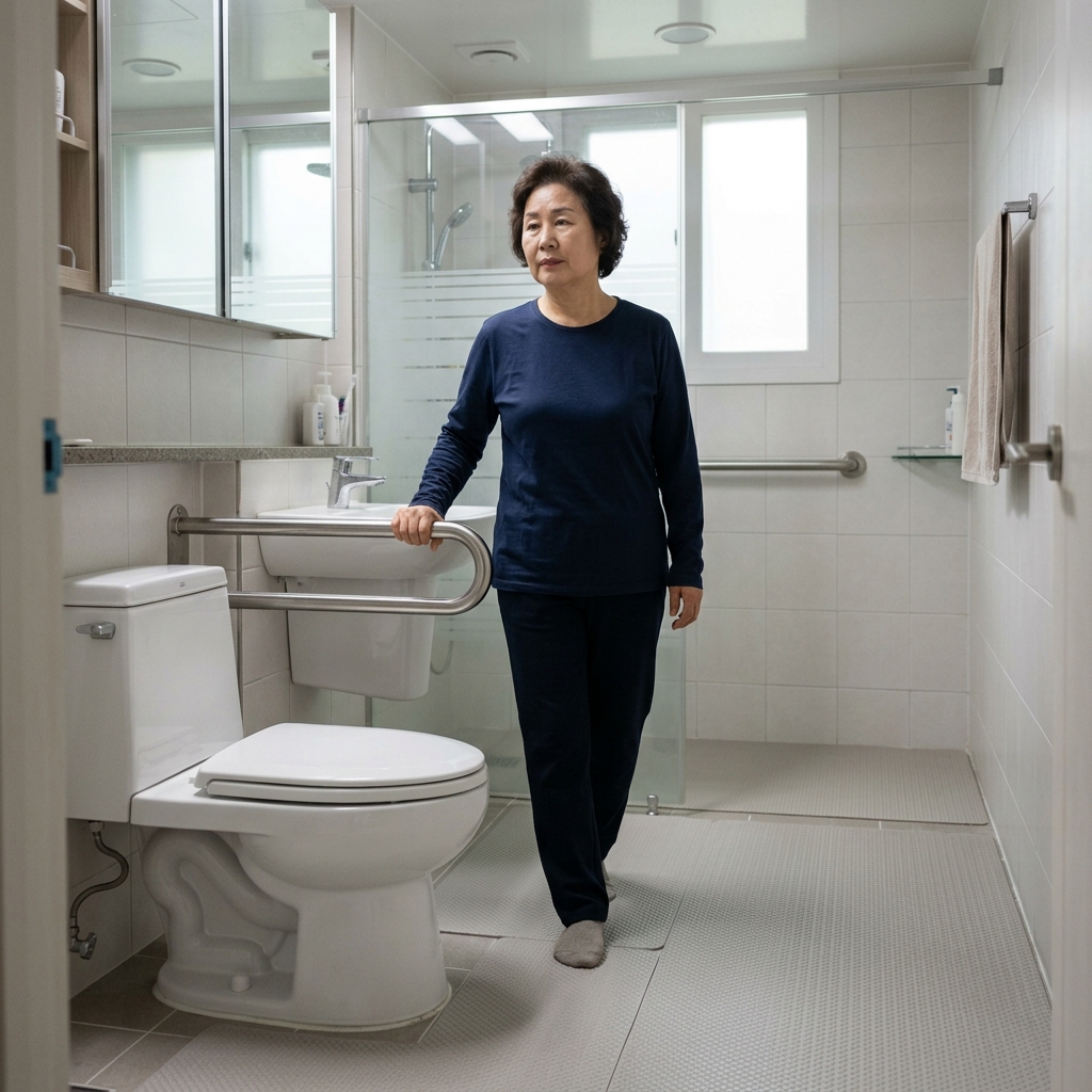 미끄럼 방지 매트와 안전 손잡이가 설치된 한국 가정 욕실 내부