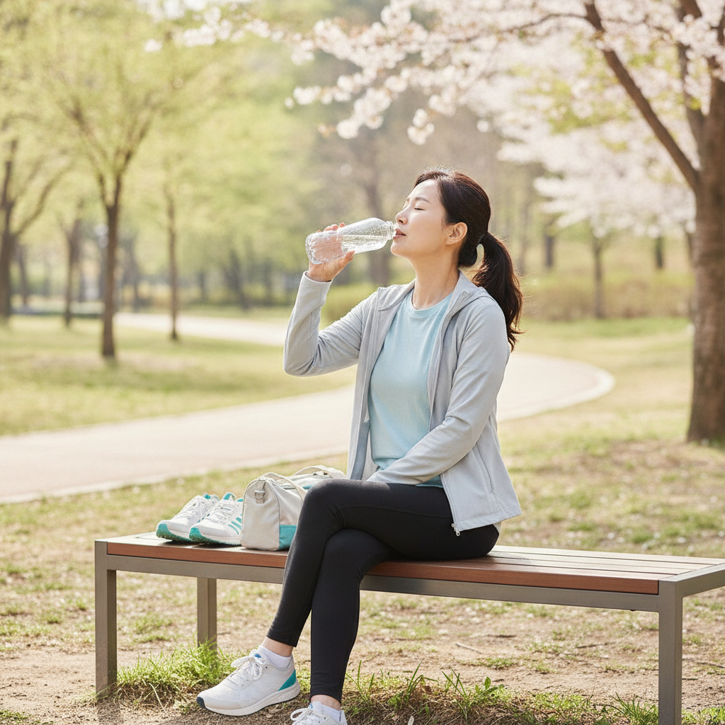 공원 벤치에 앉아 물을 마시며 휴식을 취하는 중년 한국인 여성, 옆에는 운동화와 가벼운 운동 가방이 놓여 있다