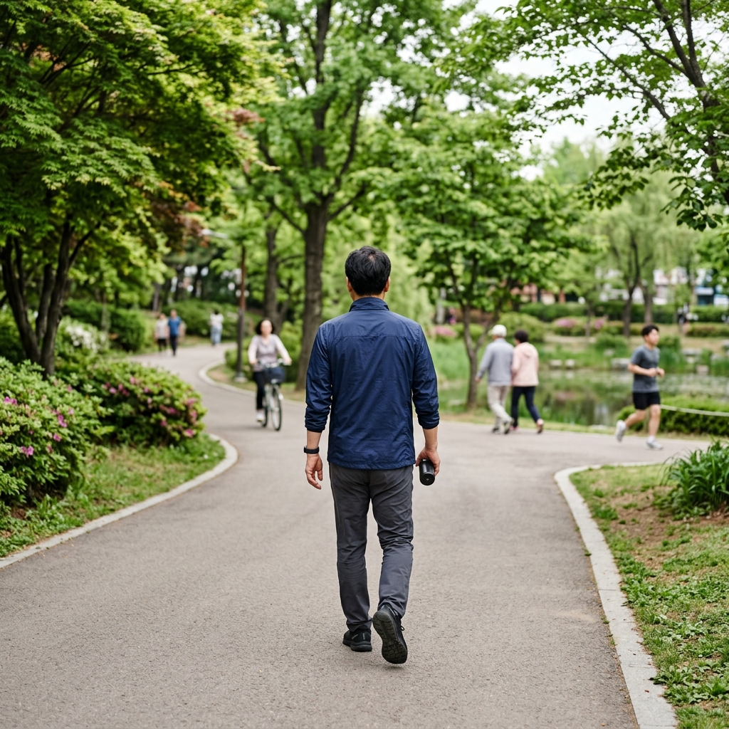 공원을 걷고 있는 중년 한국인의 뒷모습