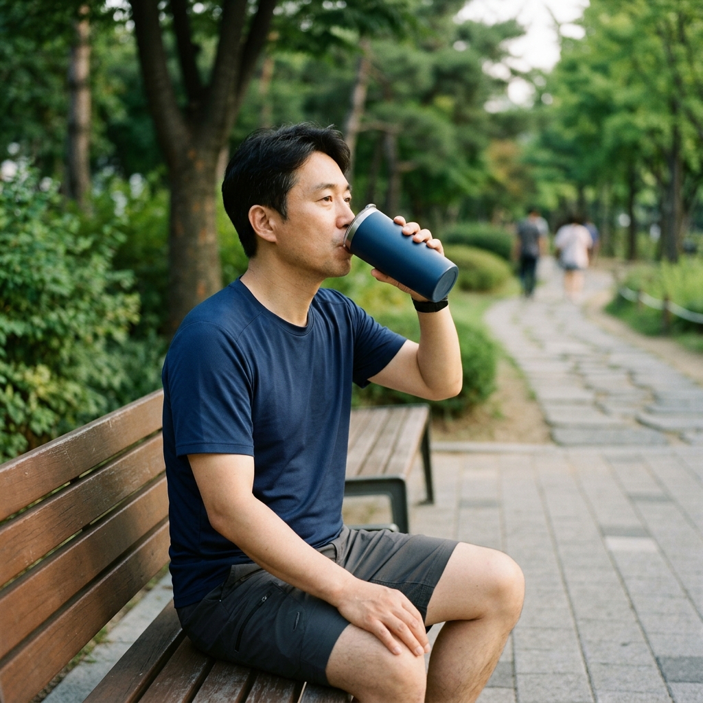 공원 벤치에서 텀블러로 물을 마시는 한국인 남성