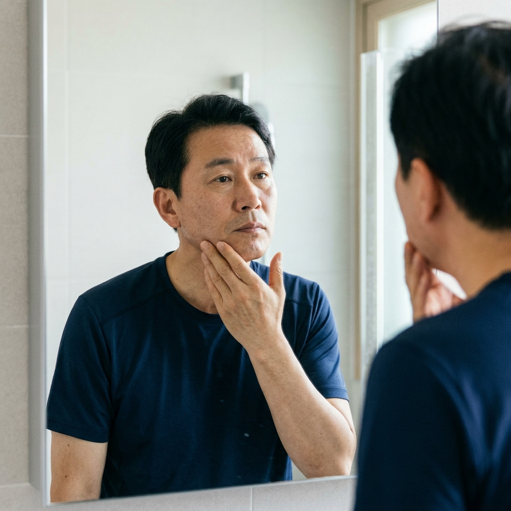 한쪽 얼굴이 처진 모습을 확인하는 중장년 남성