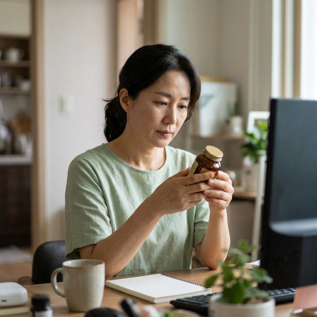 40대 여성이 책상 앞에서 영양제 제품 라벨을 꼼꼼히 읽고 있는 모습