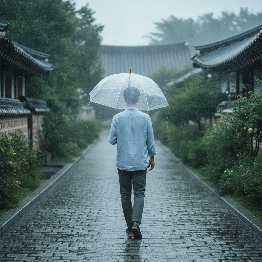 우산을 든 사람이 빗길을 걷는 모습, 자연스러운 여름 장마철 풍경