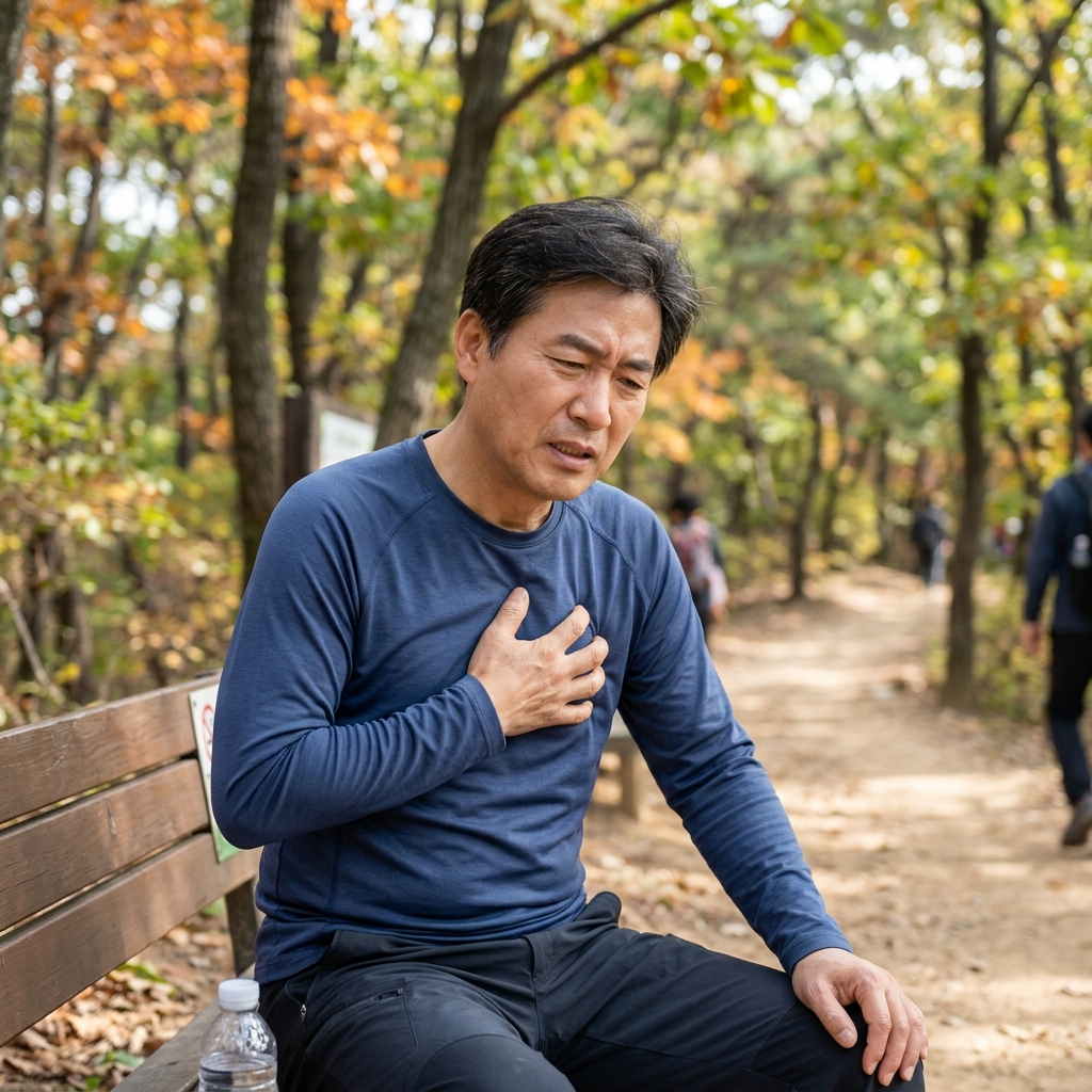 가슴 중앙을 누르며 통증을 호소하는 중년 남성의 모습