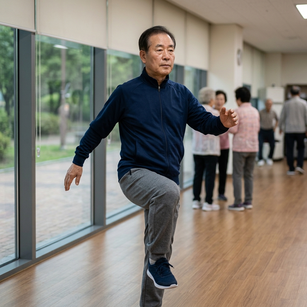 70대 노인이 한 발로 서서 균형을 잡는 모습