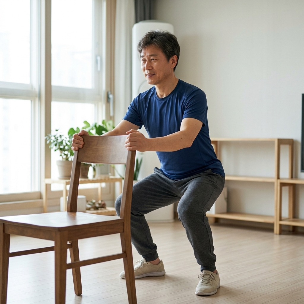 실내에서 의자를 잡고 가벼운 스쿼트 동작을 하는 중년 한국인의 모습