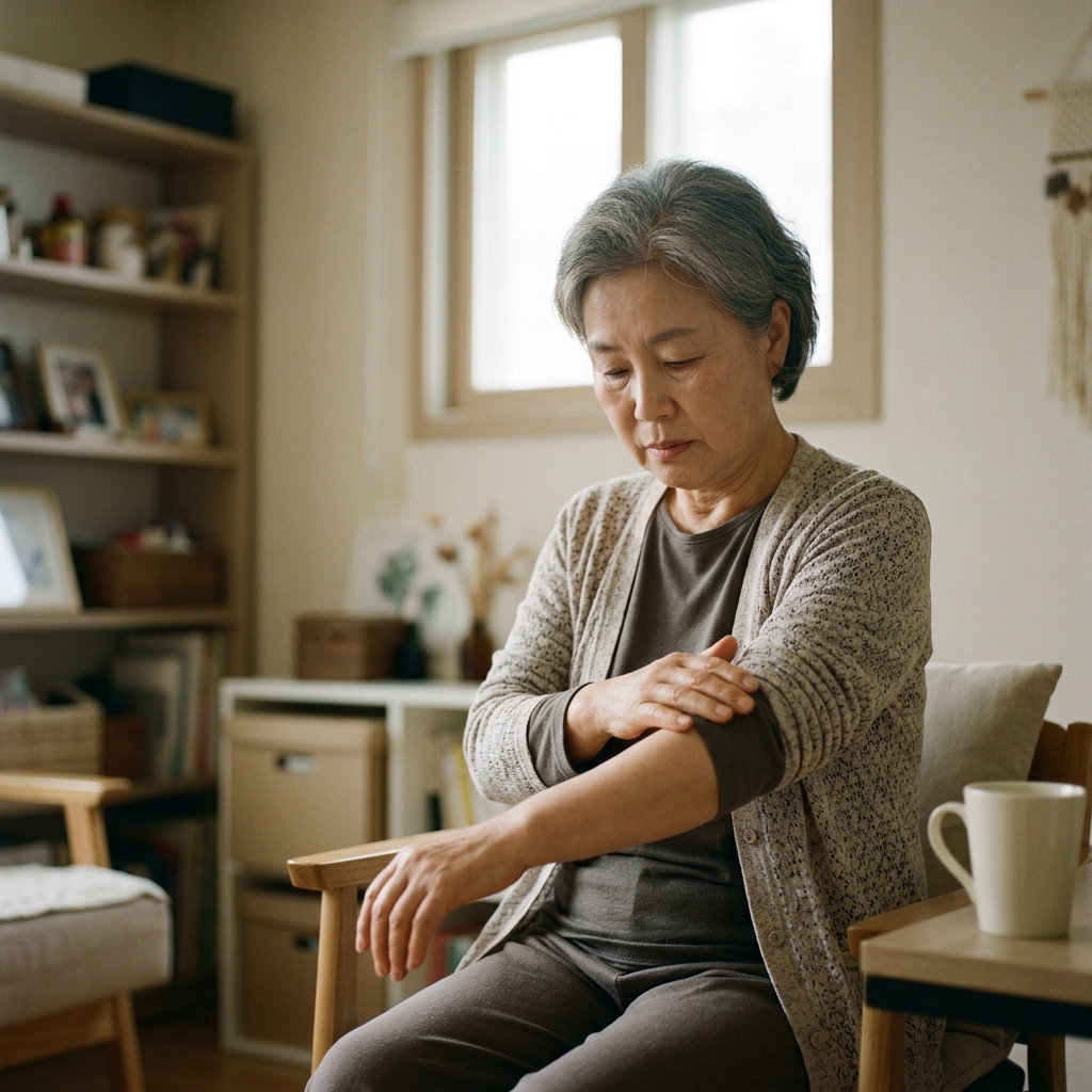 70대 여성이 실내에서 가벼운 카디건을 걸친 채 팔 부위를 확인하며 신경통 증상을 체크하는 모습, 자연스러운 실내 조명