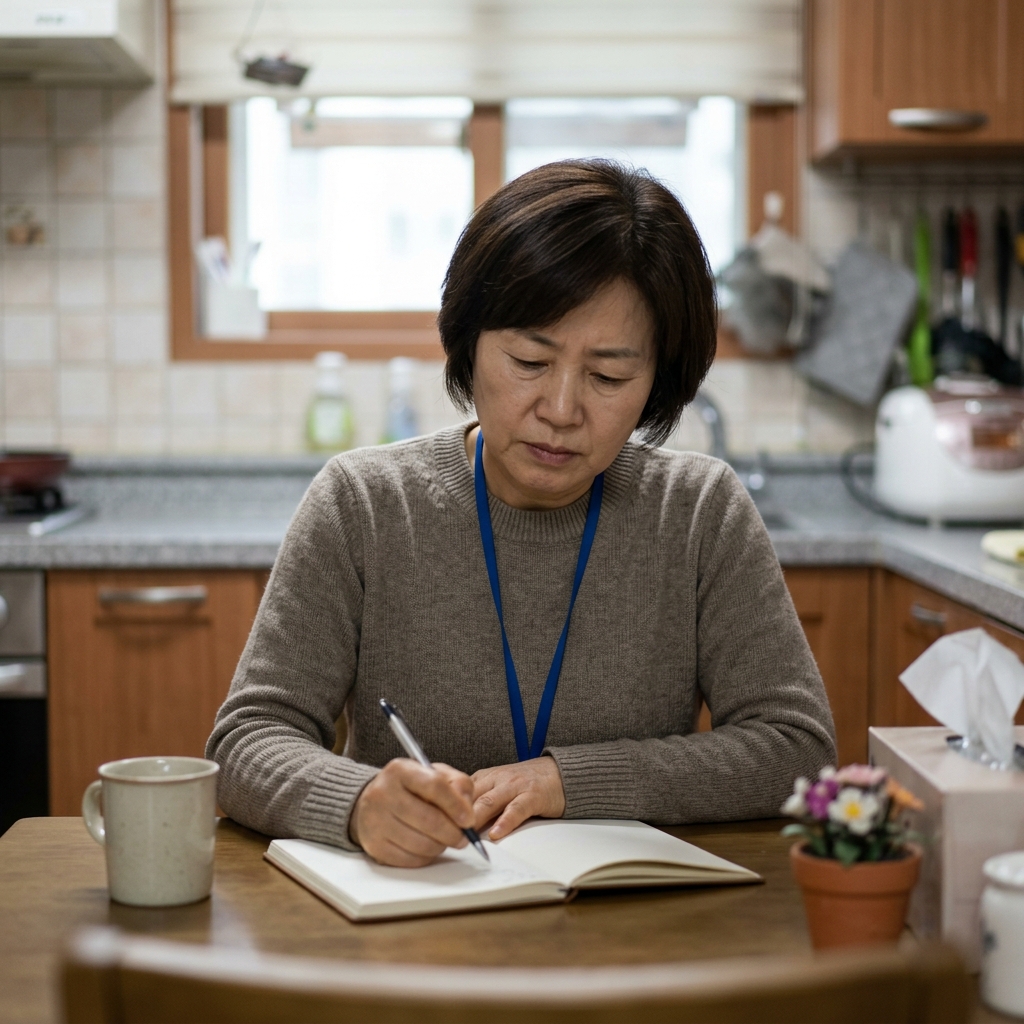 노트에 증상을 기록하는 한국인 중년 여성 보호자