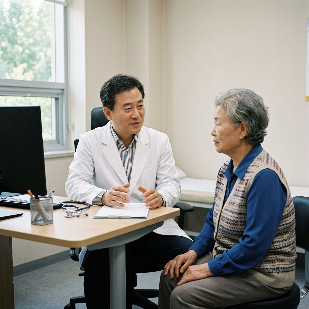 진료실에서 의사와 상담하는 환자