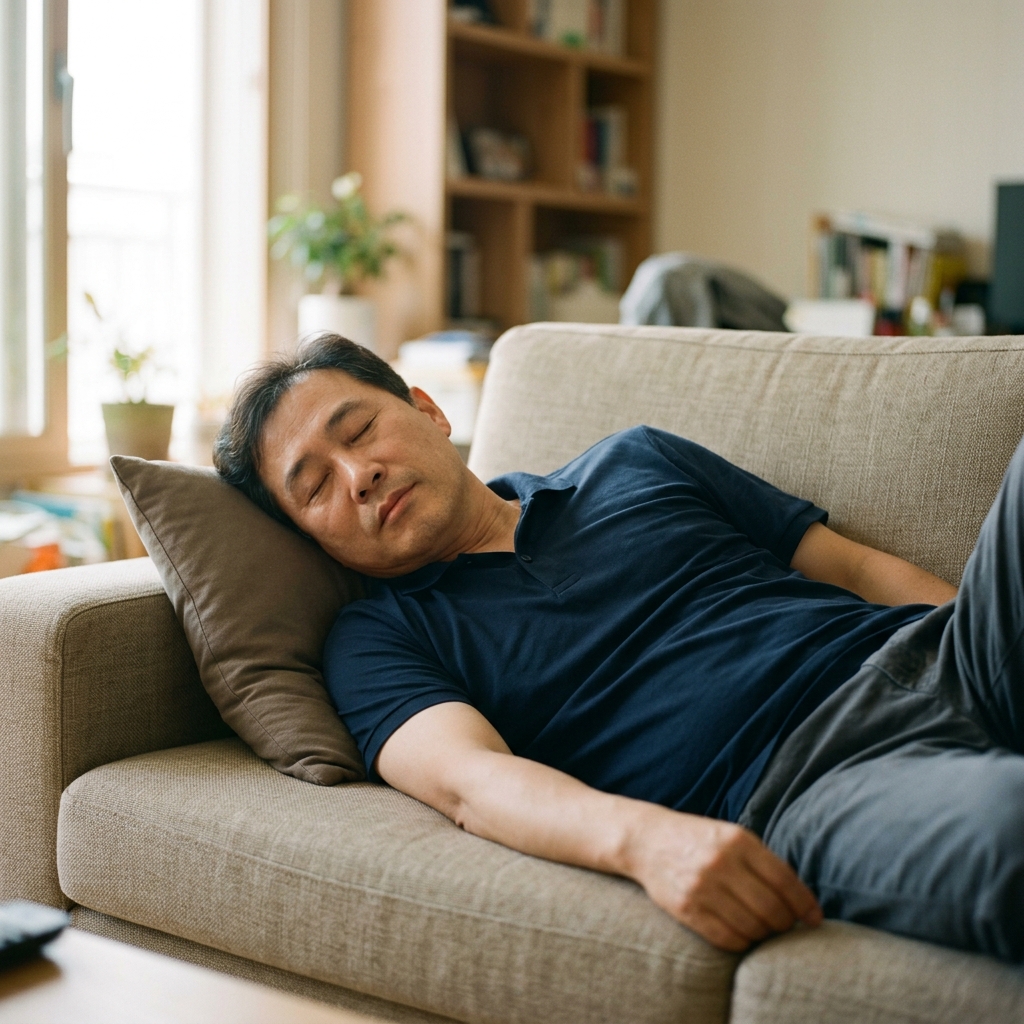 오후 이른 시간 소파에 누워 짧은 낮잠을 자는 중년 남성