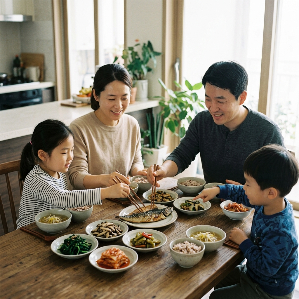 가족이 함께 식탁에서 안전하게 조리된 음식을 먹는 장면