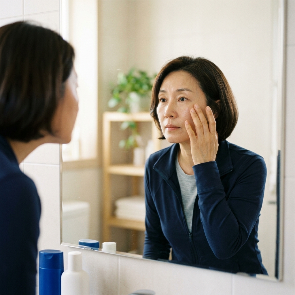 50대 한국인 여성이 거울 앞에서 자신의 얼굴을 가까이 살피는 모습