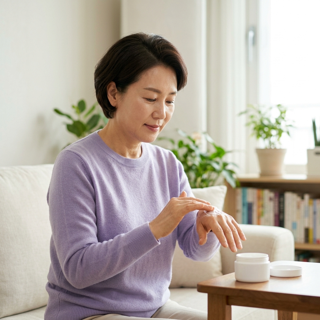 50대 한국인 여성이 밝은 실내에서 손등에 크림을 바르며 피부 상태를 확인하는 장면