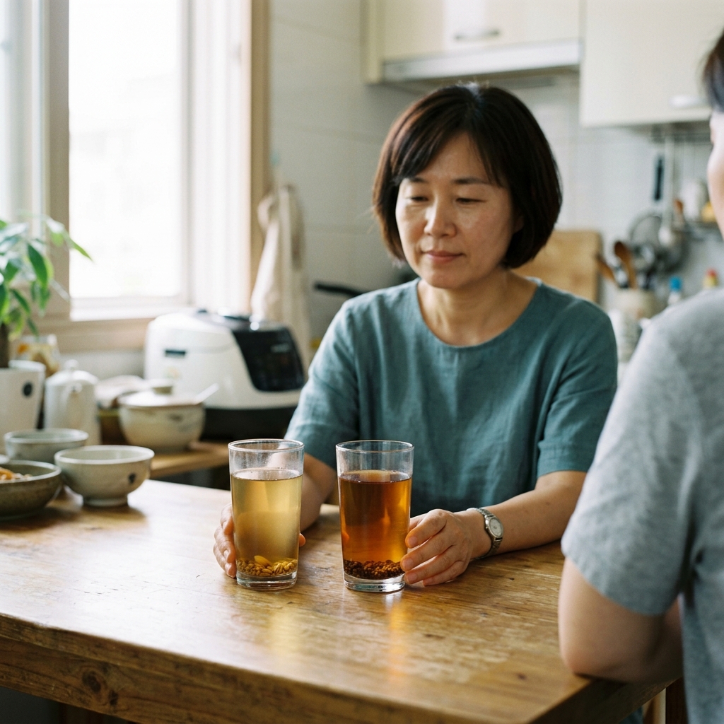 투명한 유리잔에 담긴 보리차와 결명자차가 나란히 놓인 모습