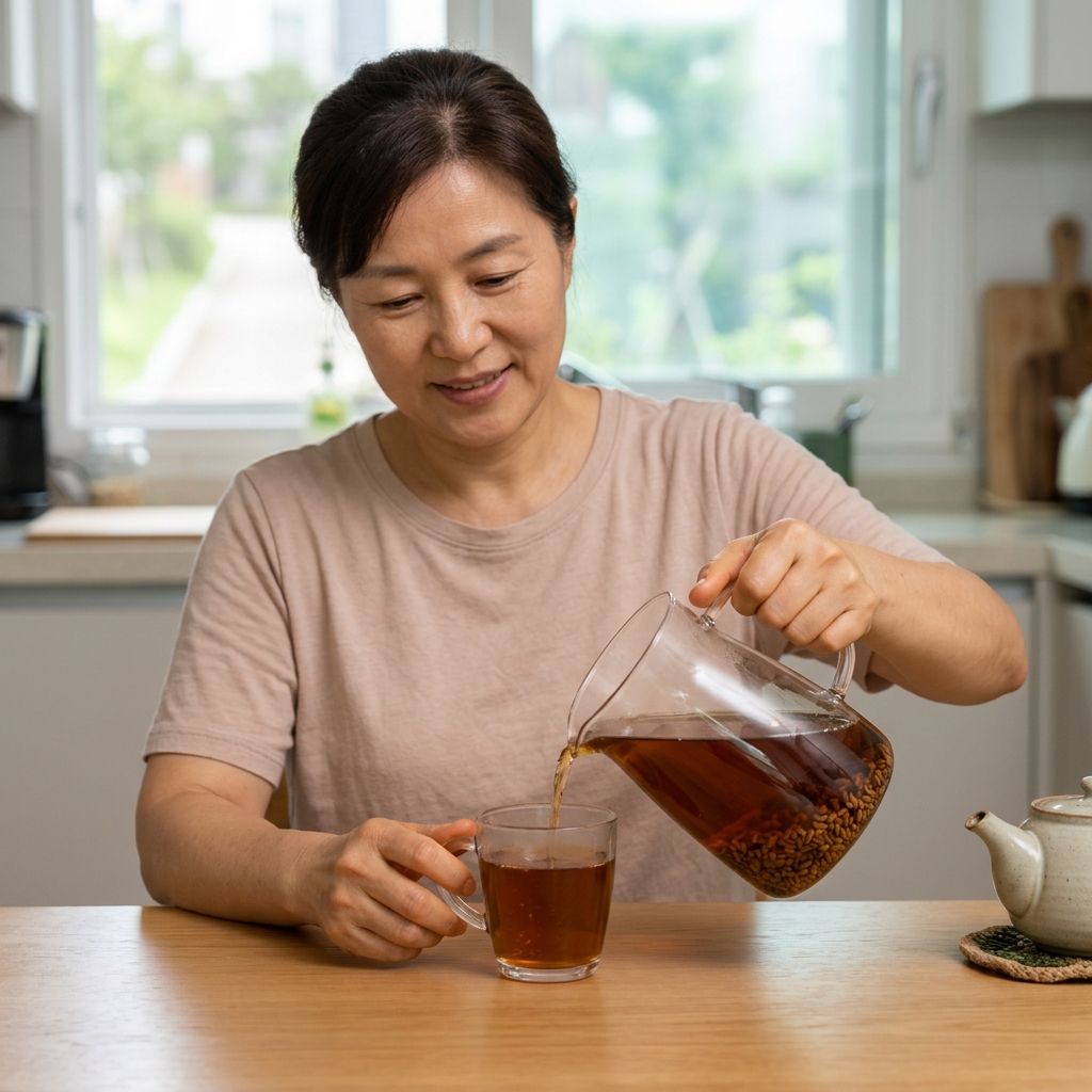 보리차를 유리주전자에 담아 컵에 따르는 장면