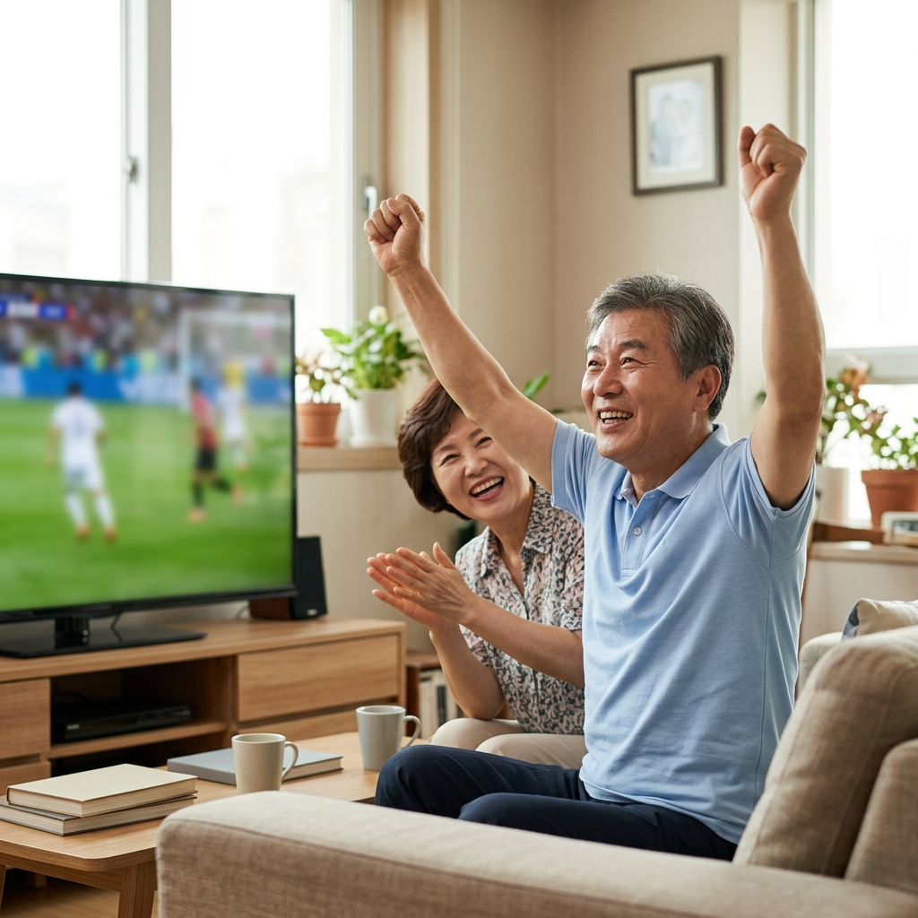 거실 소파에서 축구 경기를 시청하며 응원하는 60대 중장년층이 밝은 색 반팔 셔츠를 입고 TV 화면을 향해 두 팔을 들어 환호하는 모습
