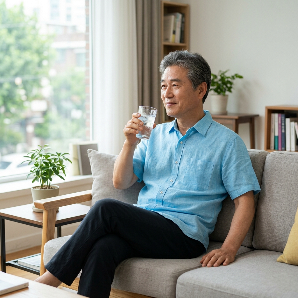 거실에서 물 한 잔을 들고 휴식을 취하는 60대 남성이 밝은 여름 색상의 가벼운 셔츠를 입고 소파에 앉아 있는 모습