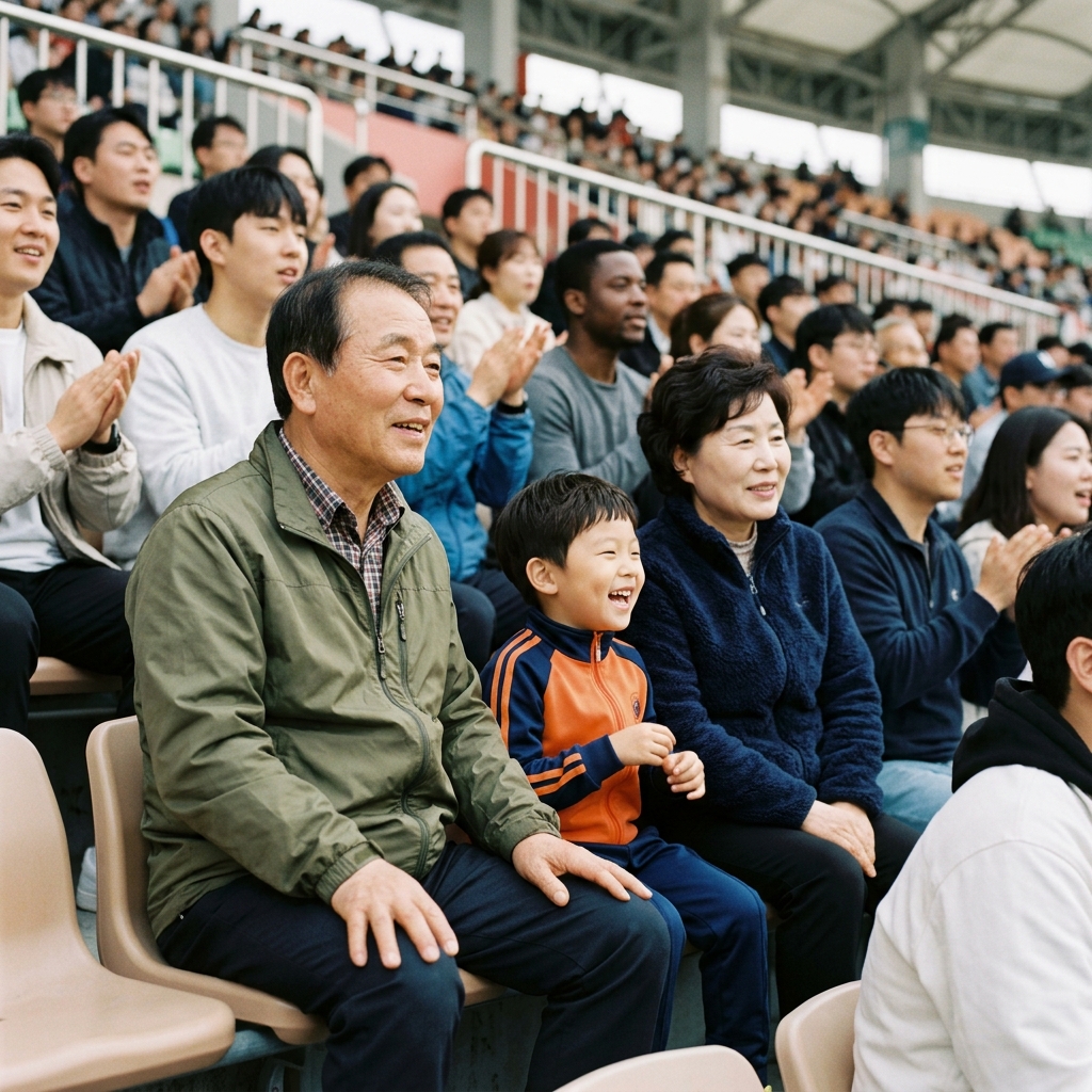 손주와 나란히 앉아 경기를 보는 조부모의 따뜻한 모습