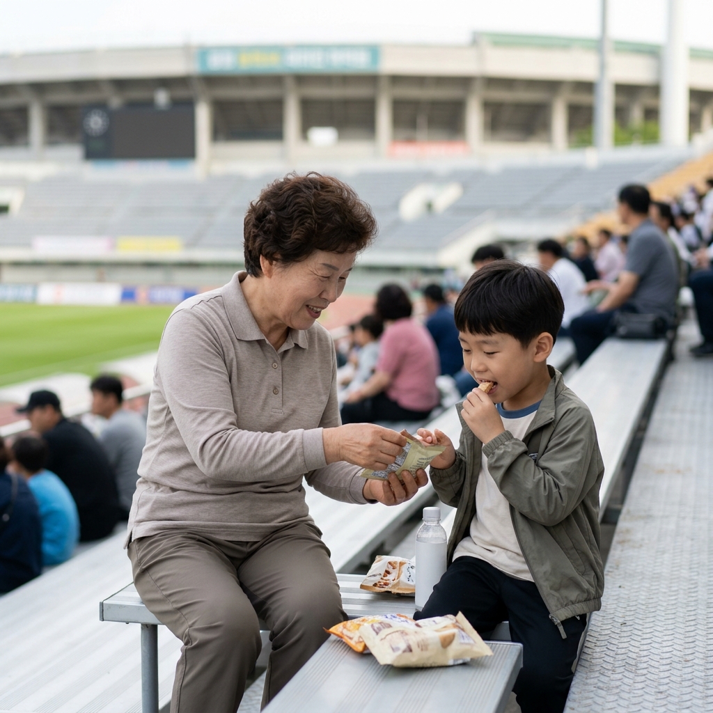 경기장에서 손주와 함께 간식 먹으며 휴식하는 할머니