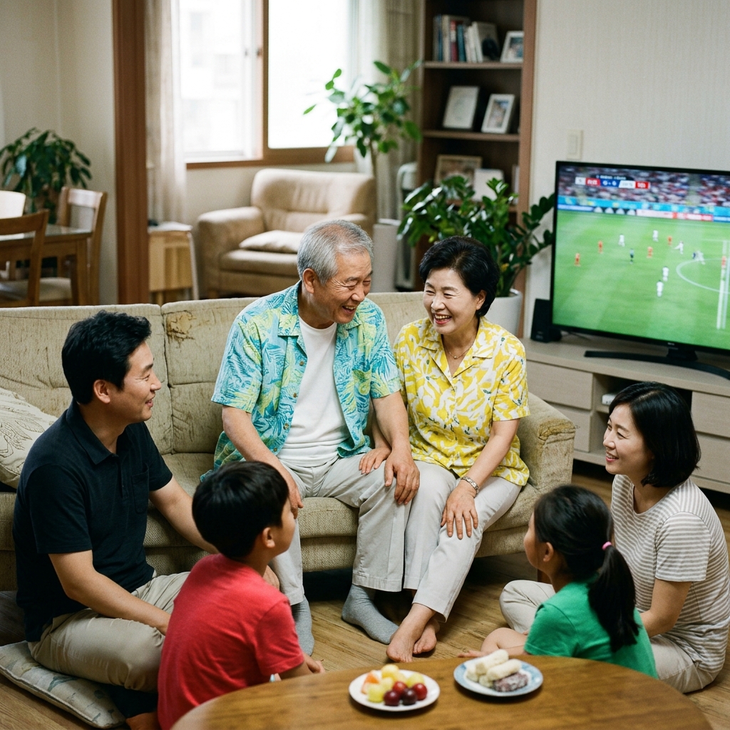 거실 소파에서 밝은 여름 반팔 셔츠를 입은 70대 부부가 가족과 함께 TV로 월드컵 경기를 보며 가볍게 웃고 있는 모습