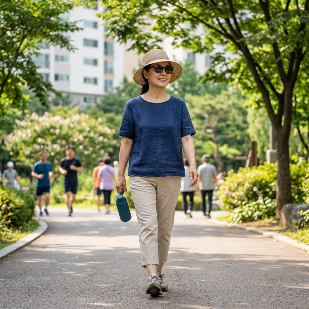 50대 후반 여성이 챙 넓은 모자를 쓰고 선글라스를 착용한 채 맑은 여름날 야외를 걷는 모습