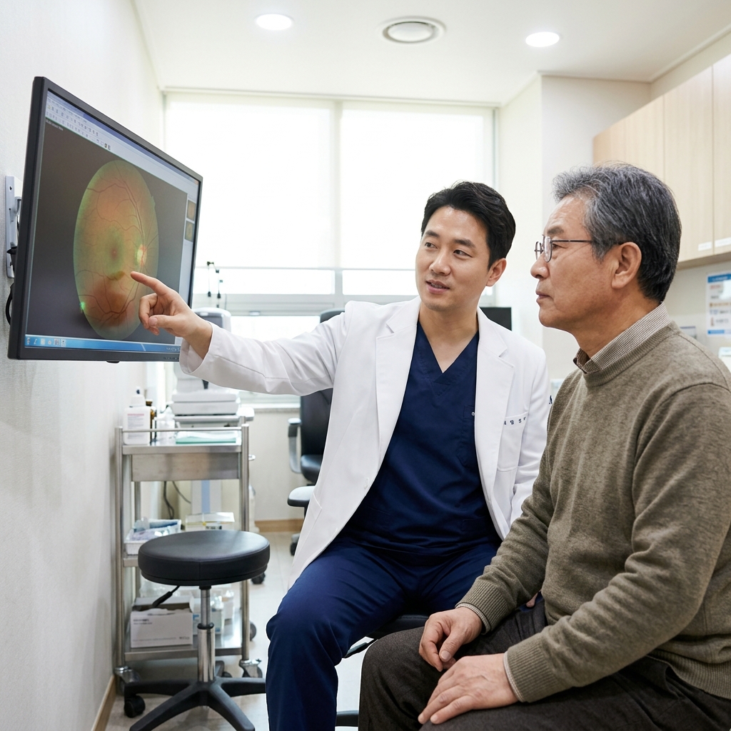 망막 촬영 화면을 보며 환자에게 설명하는 안과 전문의와 진지한 표정으로 듣는 60대 환자의 모습, 밝은 실내 조명