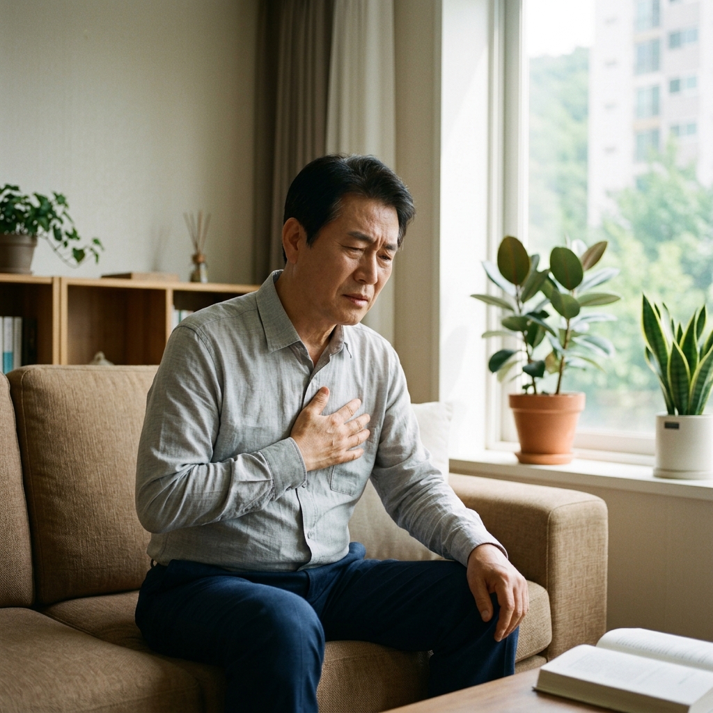 창밖으로 따스한 햇살이 들어오는 거실에서 얇은 긴팔 셔츠를 입은 60대 남성이 가슴 중앙을 손으로 짚으며 불편함을 느끼는 모습
